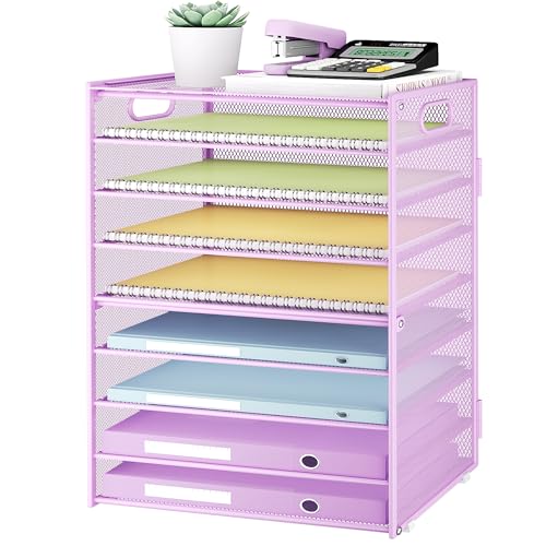 SUBEKYU 9 Tier Paper Letter Tray Desk Organizer with Handles - Purple Metal Mesh File Holder Paper Sorter Desk Organizer for Office Home School, Include 6 Pcs Adjustable Slid Tray, 6 Colors Available