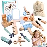Wooden Makeup Toy Set -Hair Salon Toys - Kids Pretend Play -Beauty Salon Hair Kit - Functional Stylist Accessories with Hair Dryer Curling Iron - Christmas & Birthday Gift for Children