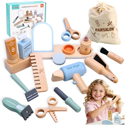 Wooden Makeup Toy Set -Hair Salon Toys - Kids Pretend Play -Beauty Salon Hair Kit - Functional Stylist Accessories with Hair Dryer Curling Iron - Christmas & Birthday Gift for Children
