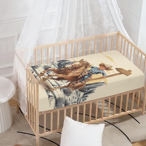 Image of Western Baby Crib Sheets for Boys Horse Cribs Sheet Nursery Bedding Set Fitted for Pack and Play Breathable Mattress Cover Nursery Decor Toddler Gifts