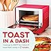 Dash Mini Toaster Oven - Sleek & Stylish - For Creative Homemade Treats - Compact, Space-Saving Design - adjustable temperature dial - Removable Baking Tray - Red