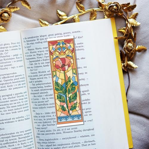Image of FREEBLOSS 6 Set Cross Stitch Bookmark Kit Stamped Cross Stitch Kit Colored Glass Flowers Pattern Embroidery Set with Instruction for Adults 8''*2.4''