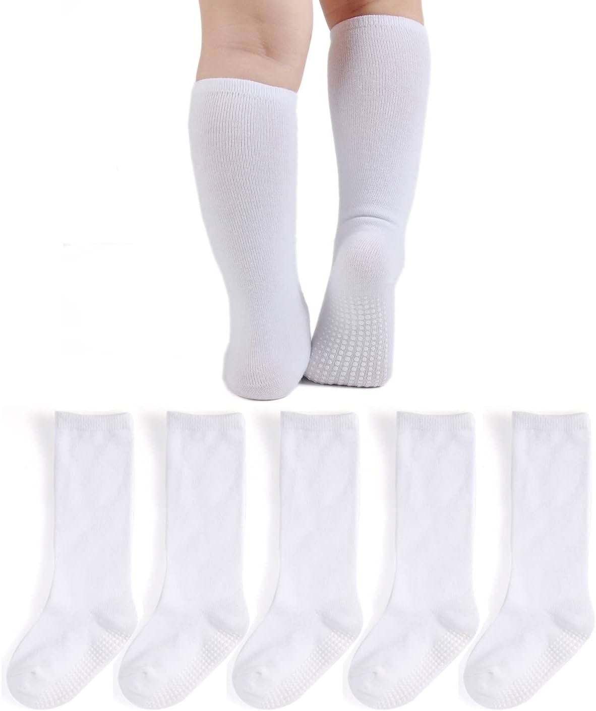 EPEIUS Knee High Socks with Non-Slip Grip,Toddler Athletic Stripe Team Tube Socks Kids Boys Girls 5-Pack
