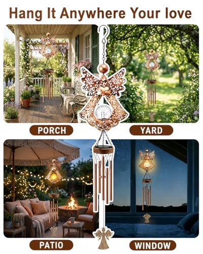 Image of Angel Solar Wind Chimes for Outside: Metal Outdoor Memorial Decor | Easy Hanging for Garden Patio Tree Window - Melodious Birthday Gifts for Women Mom Grandma
