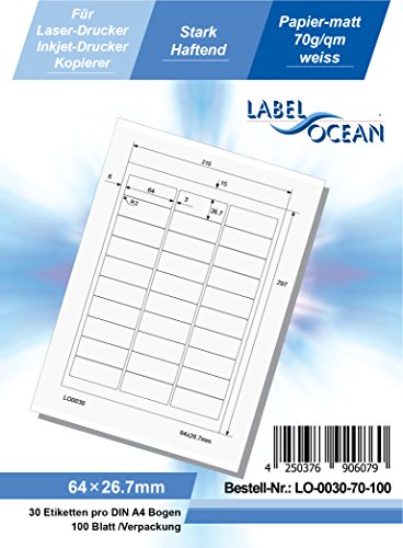 LabelOcean (R) 0030u00a0u0096u00a070u00a0u0096u00a0100u00a0u0096u00a0Etiquetas universales, 100u00a0hojas, 70u00a0g/mu00b2, papel de gran calidad