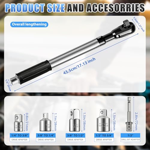 Image of Offset Extension Wrench for Drill, 1 /2 inch Drive Impact Wrench Extender with 3 /8 inch & 1 /4 inch Adapters, Right Angle Tool for Tight Spaces, High Torque, Carry Case Included