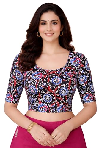 Image of Amazon Brand - Anarva Women's Kalamkari Print Cotton Stretchable Round Neck Readymade Saree Blouse