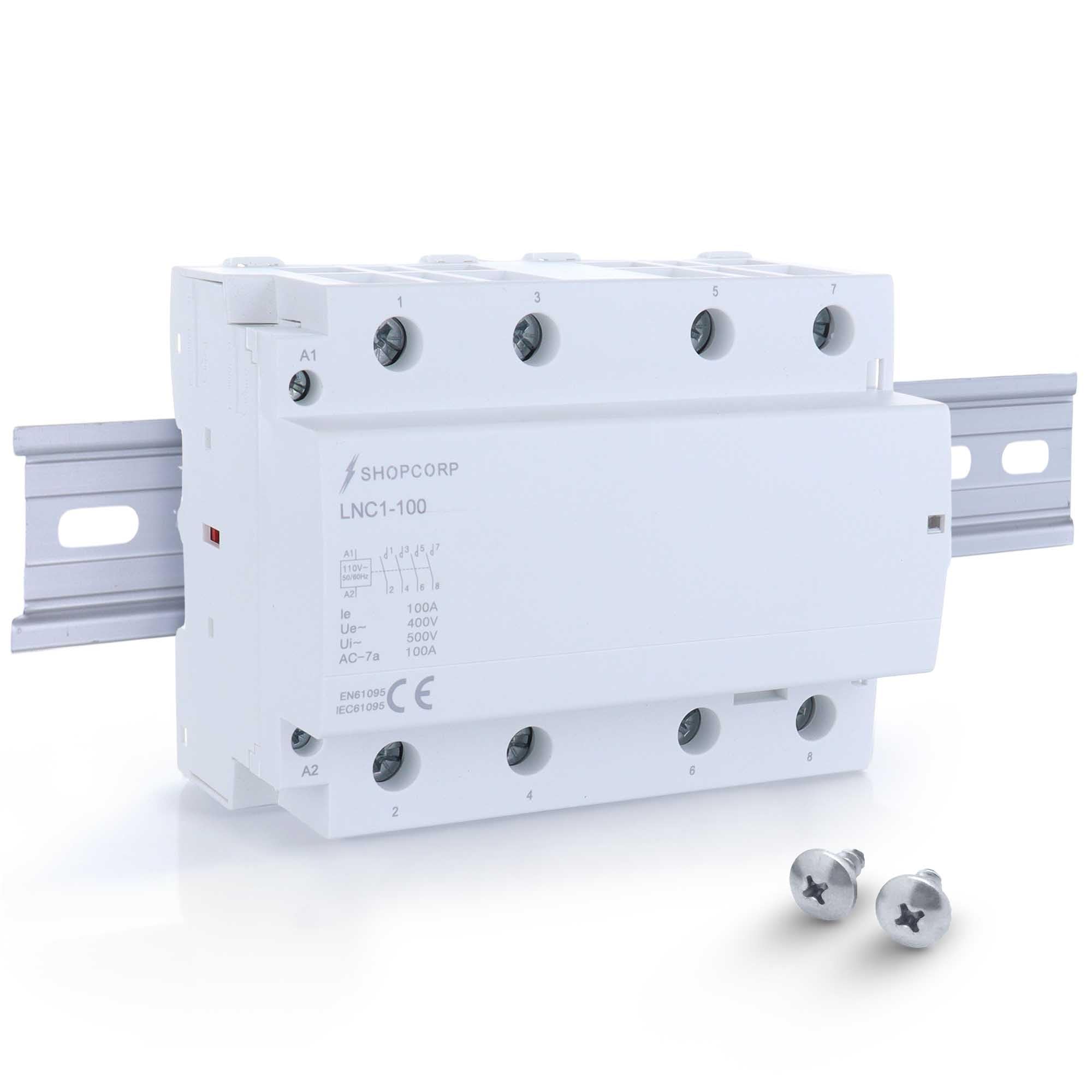Shopcorp 4 Pole contactor 120v Coil 100 Amp Normally Open IEC 500V Contactor Switch 110/120VAC Coil Lighting Load 100A, Motor Load 60A, AC Contactor | Includes Aluminum DIN Rail and Phillips Screws