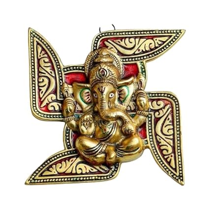 RR Golden Beautiful Handicraft Metal Swastik Symbol with Ganesha Wall Hanging for Entrance, Main Door, Wall Decoration,Beautiful Floral Swastik and Ganesh Idols Vastu (20 CM) (1)