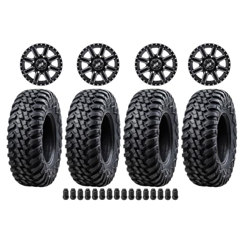 Tusk Set of 32x10-14 Tusk TERRABITE Heavy Duty 8-Ply Radial UTV Tires mounted on CASCADE Wheels - Compatible with POLARIS applications 4/156 bolt pattern with Lug Nuts (4+3 Offset Machined/Black)