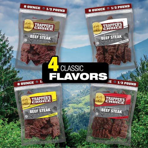 Image of Old Trapper, Trapper's Choice Peppered Kippered Steak, Eight-Ounce Individual Package, Spicy Meat Snacks, 11 Grams of Protein and 70 Calories Per Serving (Pack of One)