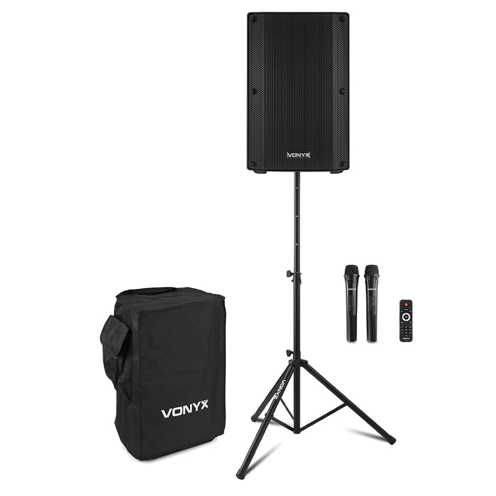 VONYX VSA700 1000W Portable PA System with Battery, Bluetooth, 2 Wireless Microphones, Speaker Stand & Cover – Ideal for School Announcements, Outdoor Events & Performances