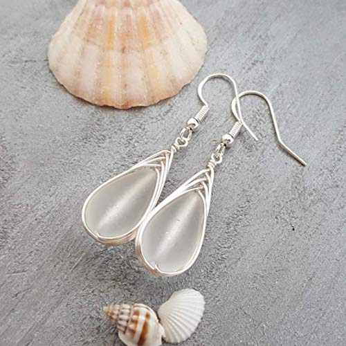 Handmade in Hawaii, Special Wire Braided"Crystal" sea glass earrings,"April Birthstone", (Hawaii Gift Wrapped, Customizable Gift Message)