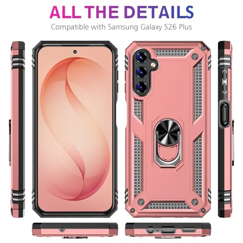 Image of for Samsung Galaxy S26 Plus Case with Screen Protector, Heavy Duty Military Grade Shockproof Rugged Protective Cover for Samsung S26 Plus Phone Case with Metal Ring Magnetic Kickstand (Pink)