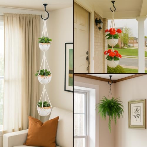 Image of Heavy Duty Ceiling Hooks for Hanging Plants 4 Pack (Black) | Holds 30 lbs on wood & concrete, 20 lbs on drywall; 2.4 inch rustproof swag hook for string lights, lanterns & patio use