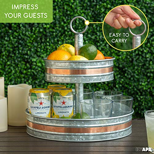 Ilyapa Galvanized Tiered Tray Stand With Copper Trim, Metal 2 Tier Serving Tray, Two Tier Tray Platter For Cake, Dessert, Appetizers & More #TOP4