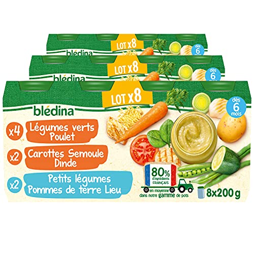 Blédina Petits Pots pour bébé, Dès 6 Mois, Carottes Semoule Dinde / Légumes Pommes de terre Lieu / Légumes Poulet, 24x200g (Lot de 3*8)