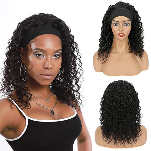SuCoo Headband Wig Water Wave Machine Made Wigs Curly Human Hair Blend Wig None Lace Front Wigs for Black Women Glueless Natural Color Costume Wigs 150% Density 16 Inches