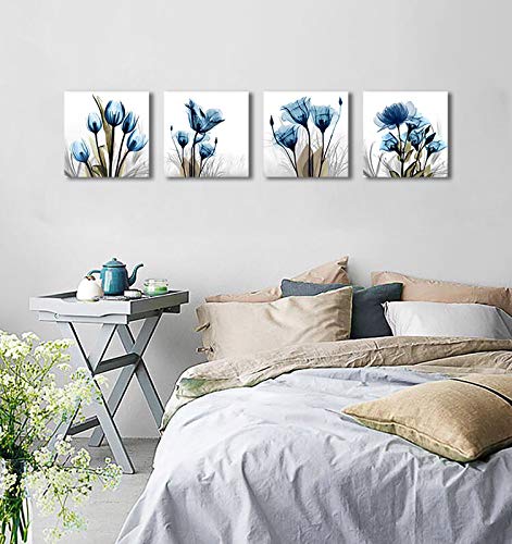 Flower Canvas Prints Wall Art Decor 4 Panels Blue Elegant Tulip Artwork Simple Life Picture For Living Room Bedroom Home Salon Spa Wall Decoration 12" X 12" 4 Pieces #TOP2