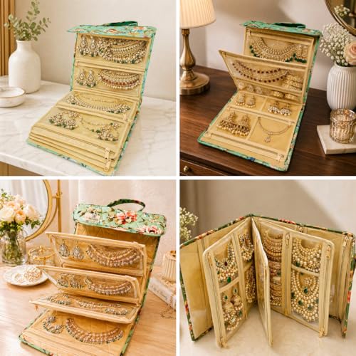 Image of Trendifly Cotton Blend Foldable Multipocket Jewellery Suitcase Women Embroidery Travelling Jewelry Sutcase Bag 5 Transparent Pockets Earrings Necklace Bangles Rings Girls (Flower Green)