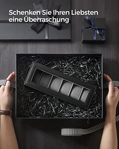SONGMICS JWB06BK Uhrenbox mit 6 Fächern, Schatulle, mit Glasdeckel, abnehmbare Polster, Schloss aus Metall, schwarz beschichtet und Futter in Grau