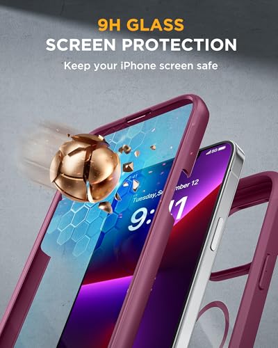 Image of Miracase Magnetic for iPhone 13 Pro Max Case 6.7 inch, (Compatible with MagSafe) Upgrade Full-Body Clear Phone Bumper Case with Built-in 9H Tempered Glass Screen Protector, Magnetic Wine Red