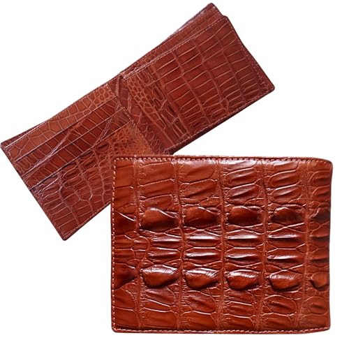 Genuine Mens Alligator Leather Double Sides Bifold Wallet Passcase Crocodile Horn Extra Capacity Bifold Wallet (Cognac-HornBack)