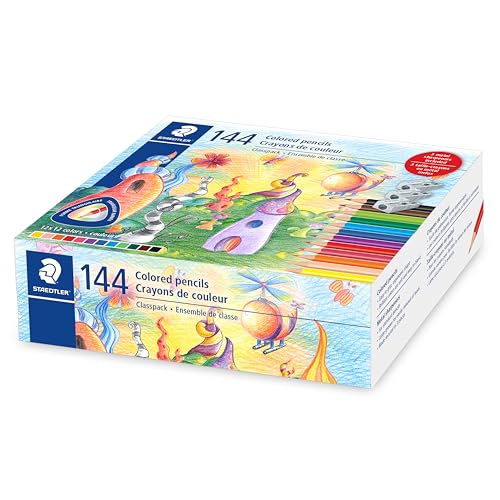 STAEDTLER Colored Pencils, Triangular Barrel, Classpack 144 Pencils, 12 Colors, + 3 Pencil Sharpeners