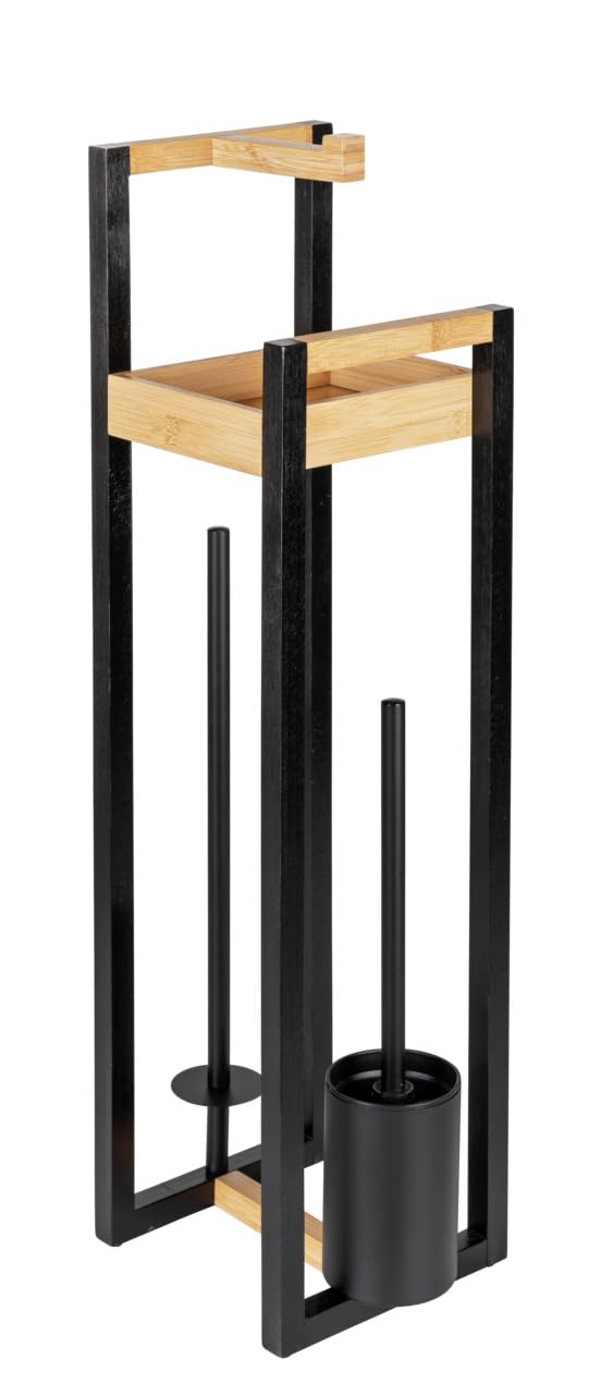 WENKO Stand WC-Garnitur Mod. Braidi 4in1 FSC Zertifiziert aus Bambus mit Toilettenbürste Rollenhalter und Ablage Maße 26 x 75,5 x 20 cm Farbe Natur Schwarz