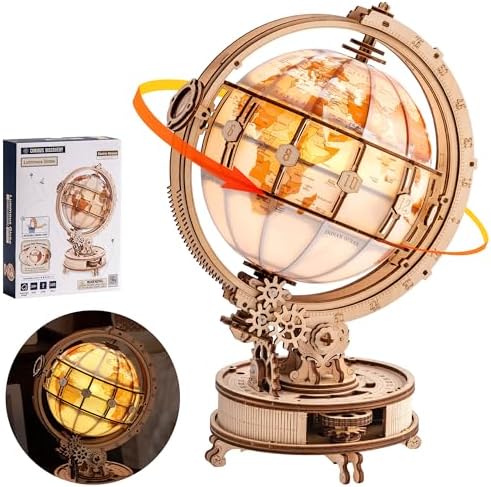 Robotime 3D Puzzle Leuchtender Globus mit LED Licht, Automatisch Drehbarer 3D Holzpuzzle Modellbausatz Erwachsene, Holzmodelle & Bausätze Erwachsene, Nachtlicht, Tischdekoration &