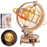 Robotime Puzzle 3D de Madera para Adultos - Globo Terráqueo Giratorio con Luz LED, Kit de Modelo Mecánico DIY, Rompecabezas 3D de Construcción, Regalo para Hombres, Luz Nocturna (Rotación Automática)