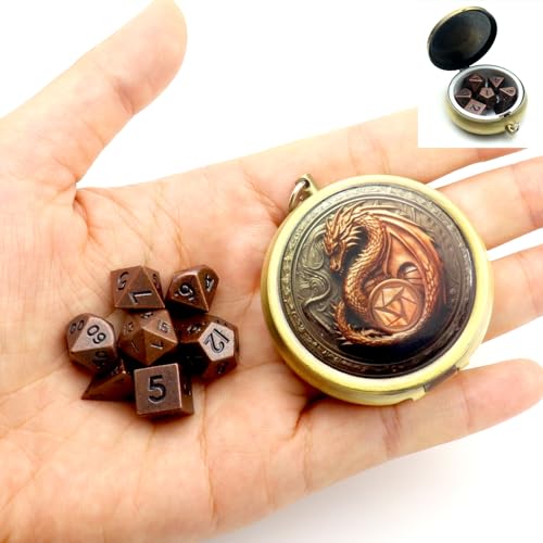 Haxtec Mini Dice Set with Keychain Dice Case 10mm Mini Metal DND Dice Antique Copper Metal Dice Set D&D Portable 7PCS Dice Set,10mm Copper Metal Case