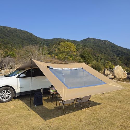10x16 ft Car Side Awning with Pole Camping Tarp with Screen Window Car Tent for Cars Vans SUV Sun Shelter (Khaki)