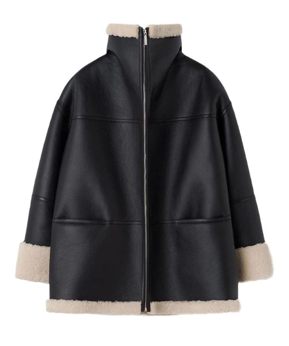Glkaend Damen Faux Shearing Moto Bomberjacke Sherpa-gefütterter Mantel Winter Aviator Ledermantel Oberbekleidung,Schwarz,S