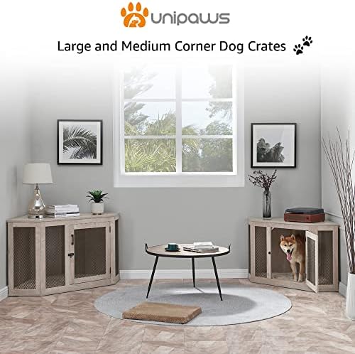 unipaws Corner Dog Crate with Cushion, Dog Kennel with Wood and Mesh, Dog House, Pet Crate Indoor Use, Medium, Weather Grey