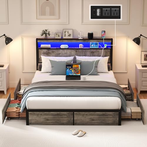 Image of Queen Bed Frame with 4 Storage Drawers, Queen Size Bed Frame, Grey | LED Light, Charging Station, Wood Headboard, Metal Platform, No Box Spring Needed, Noise Free, Easy Assembly