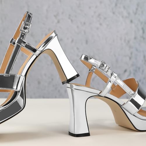 Image of ROSERWISH Heels for Women Chunky Block Platform High Heels Square Open Toe Strappy Heel Sandals Wedding Party Prom Fashion Slingback Dress Pump Sandals Shoes