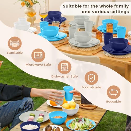 Image of Homienly 40 PCS Wheat Straw Plates and Bowls Sets, Cups Sets, Service for 8, Unbreakable Microwave and Dishwasher Safe Dinnerware Sets,Reusbale Plastic Dishes Set - Island, Matte