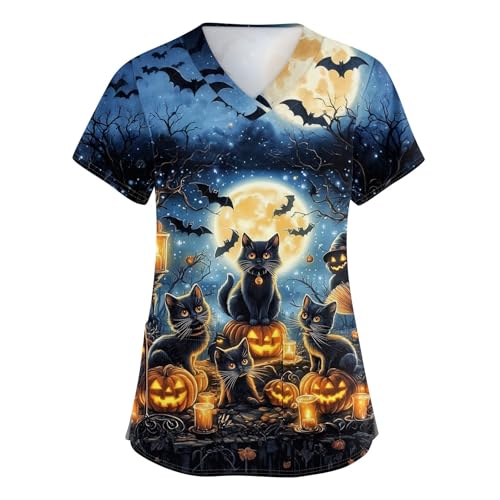 OIOLOYJM Halloween Christmas Scrub Tops Women Print V Neck Short Sleeve Plus Size Scrubs for Womens Shirts with Pockets