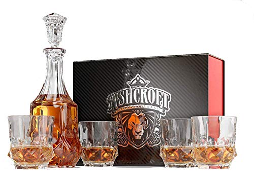Ashcroft Imperial Whiskey Decanter Set - Lead Free Crystal Glasses for Scotch, Rum, Old Fashioned 5 Piece