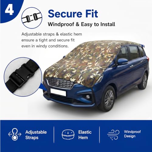 Image of Pivalo Half Car Body Cover for MUV Cars (All Models & Years) | 100% Waterproof Outdoor UV & Heat All Weather Protection | Triple Stitched 3 Layer with Adjustable Straps Cover (Military /Army)