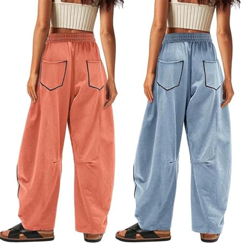 Commendize Womens Baggy Barrel Pants Wide Leg Lounge Drawstring Sweatpants with Pockets, Summer Wide Leg Casual Pants3