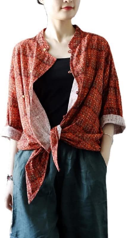 Shanghai Story Women's 3/4 Sleeve Tie Front Knot Casual Loose Fit Shirt Red