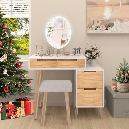 YU YUSING Schminktisch mit Beleuchtung, LED-Spiegel, Frisiertisch mit 4 Schubladen, 1 Schrank,...