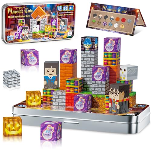 Image of Magnetic Blocks Magic World Travel Toys, 35 PCS Mini Magnetic Building Cubes with Metal Storage Case for Kids Ages 3-8, STEM Montessori Construction Toys for Toddlers, Airplane & Car Ride Essentials