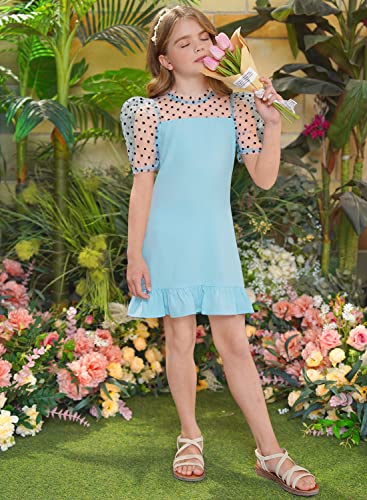Iimmer Big Girls Mesh Light Blue Graduation Sheer Ruffle Formal Aline Dress Puff Short Sleeve Summer Holiday Polka Dots School Dance Party Dress Size 13-14 Years #TOP5