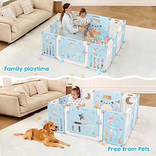 Baby Playpen, Dripex Baby Playard for Babies and Toddlers, 14-Panel Foldable Playpen Adjustable Portable Play Area, Indoor/Outdoor Kids Active Center with Game Panel & Safety Gate, Blue White
