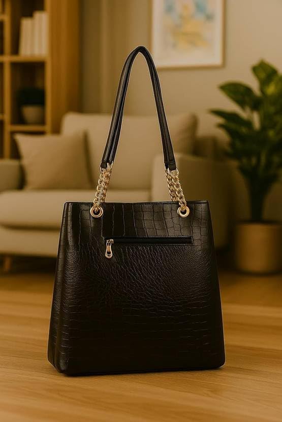 Image of Women's Structured Handbag | Premium Croc-Texture Tote Bag with Chain Handle | Stylish Office & Daily Use Ladies Shoulder Bag