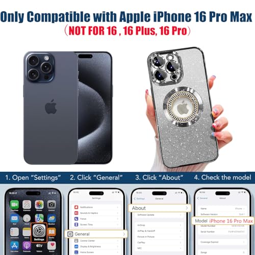 Image of Misscase for iPhone 16 Pro Max Magnetic Glitter Case Compatible with MagSafe,Full Protection Slim Shockproof Anti-Scratch Case with Camera Lens Protector Logo View Dust-Proof Net for Women Silver