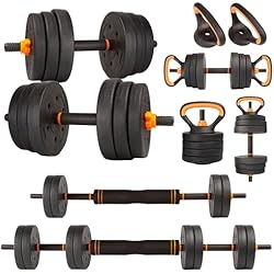 unycos - Mancuernas Ajustables, Barra, Discos de 20 kg, Pesa Rusa y Soportes para Flexiones, Juego de Pesas 4 en 1, Agarre Cómodo para Ejercicios de Musculación, Gimnasio en Casa